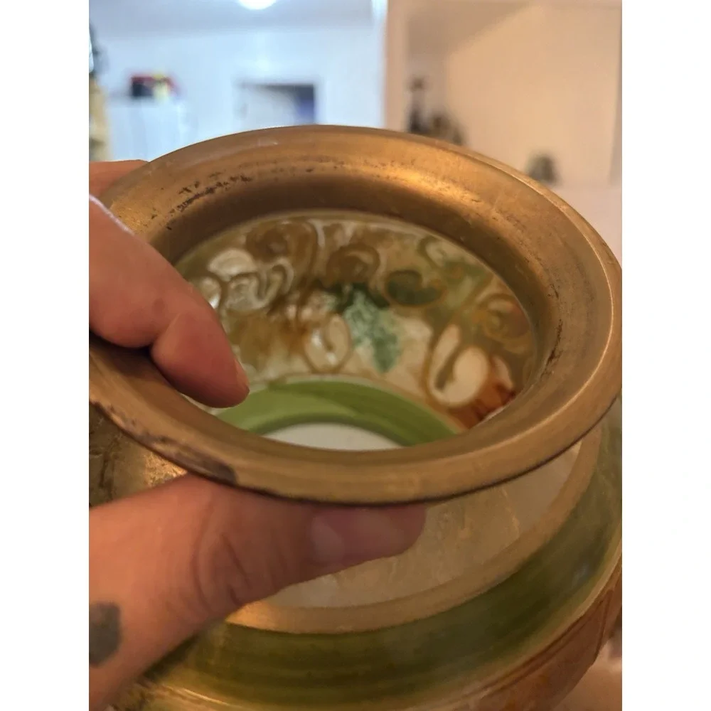 VTG Decorative Glass Urn Jar Pedestal Lid Hand Painted Gold Green Scroll 12